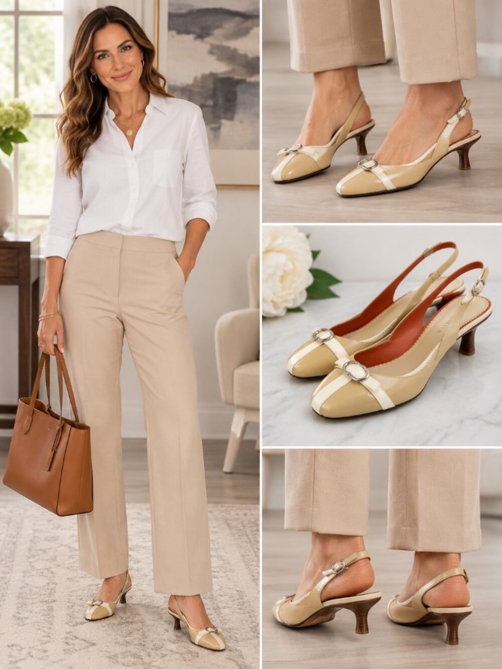 Cole Haan Slingback Kitten Heels Womens 5.5B Tan Cream Patent Leather Y2K
